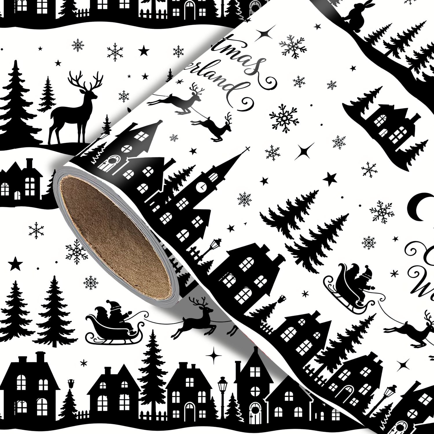 TEMU 1 Roll Christmas Wrapping Paper - Xmas Black And White Silhouette Pattern, Designs For Holiday - Measuring 45cm X 300cm (17.7in X 118in)