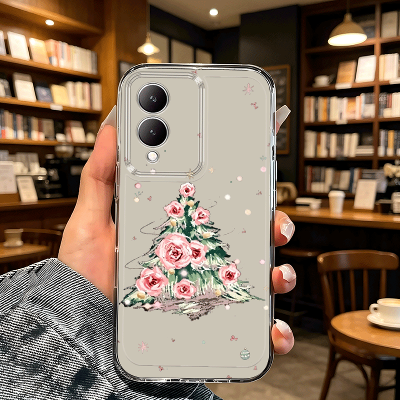 크리스마스 트리 장미꽃 장식 휴대폰 케이스, vivo y02s y03t y04 y16 y17s y18 y19s y22 4g 5g y28s y29 4g y29s y33s y35 y39 y100 4g     5g v27 v29e v29 lite v30 v30e v40 v40  50 v60 lite용, 새로운 투명 낙하 방지 풀커버 tpu 휴대폰 커버, 심플한 니치 소프트 케이스, 창의적인 보호 커버