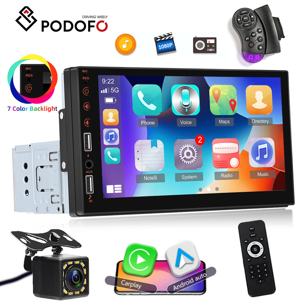 

Podofo 1 Din Car Radio With Wired Carplay And Auto, Hd 7 Inch Touchscreen Car Radio, Link Wheel Control B\t Mirror, , Fm Backlight + Rearview Camera And Mic, Without Battery