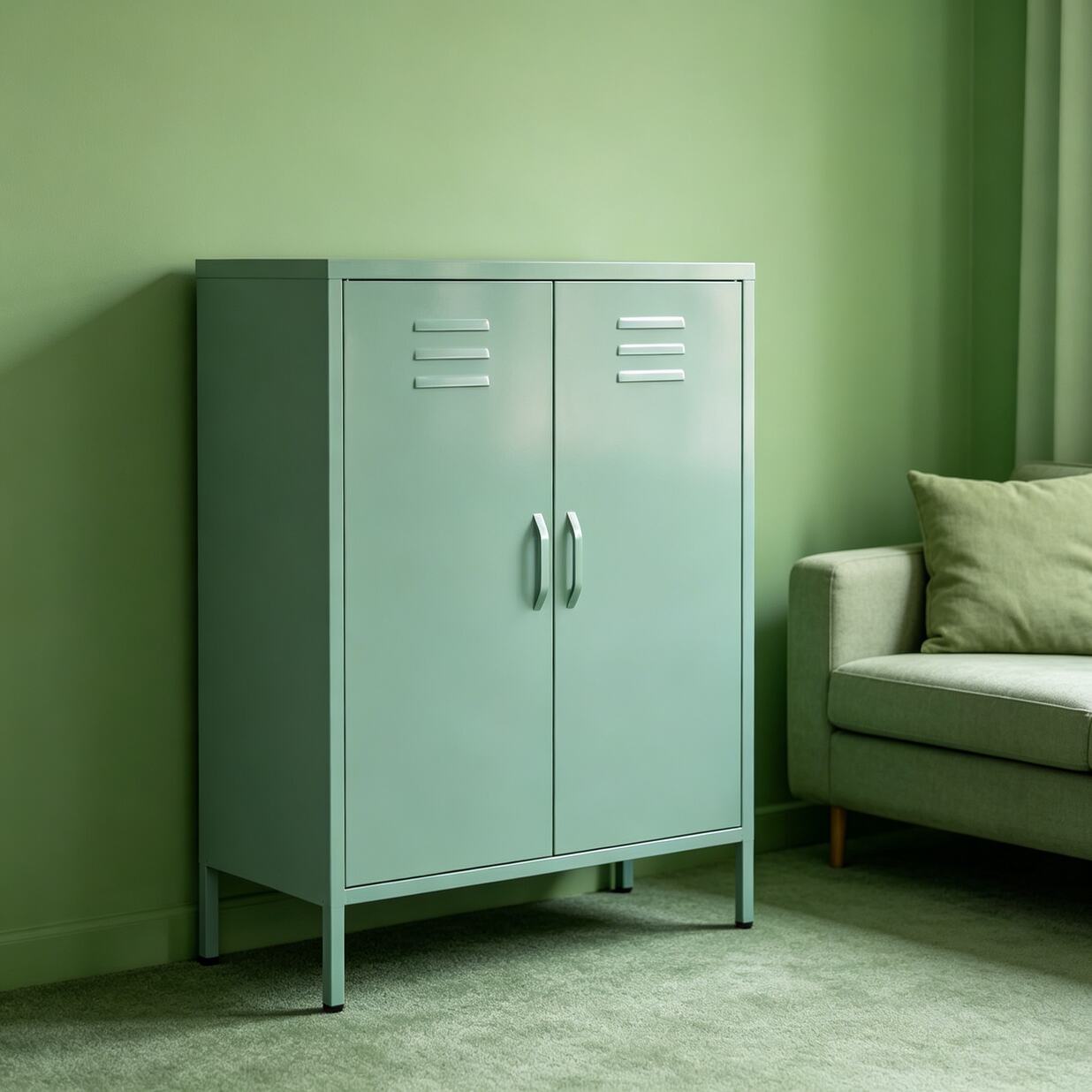 Image of Metal Sideboard Dark Green, 3-compartment Cabinet With , Cabinet With Flexible Shelves, Industrial , Storage Cabinet For Hallway, 90x40x80cm