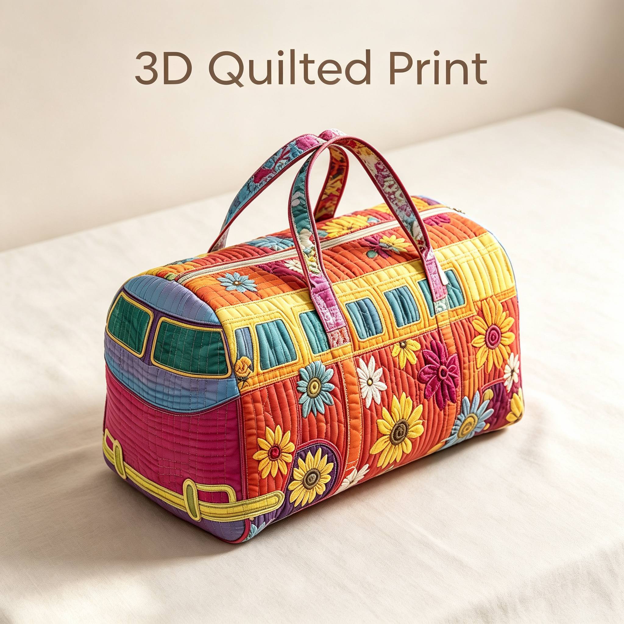 TEMU Colorful Bohemian 3d Printed Duffle Handbag For Women Retro Bus Floral Quilted Design Large Capacity Top Handle Weekend Overnight Travel Luggage
