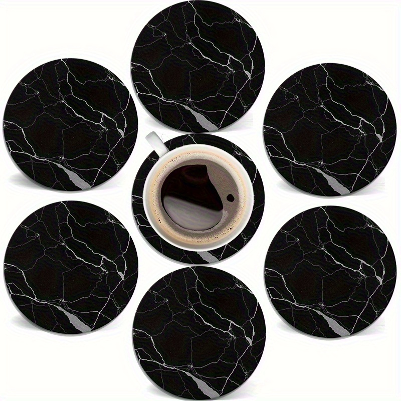 TEMU 6pcs Round Wooden Coaster Set - Wood Suitable For Hot/cold Drinks, Black Marble Table Protectors, -resistant Surface Protectors For Tables,