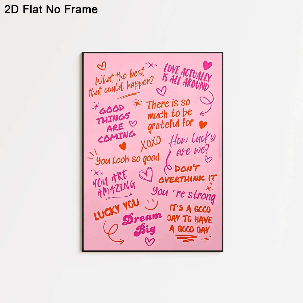 E-shop 2D Flach, 2D Flach, Rahmenloses Leinwandposter im 2D Flachdesign, mit einer inspirierenden rosa Hintergrundkulisse mit aufbauenden Zitaten wie