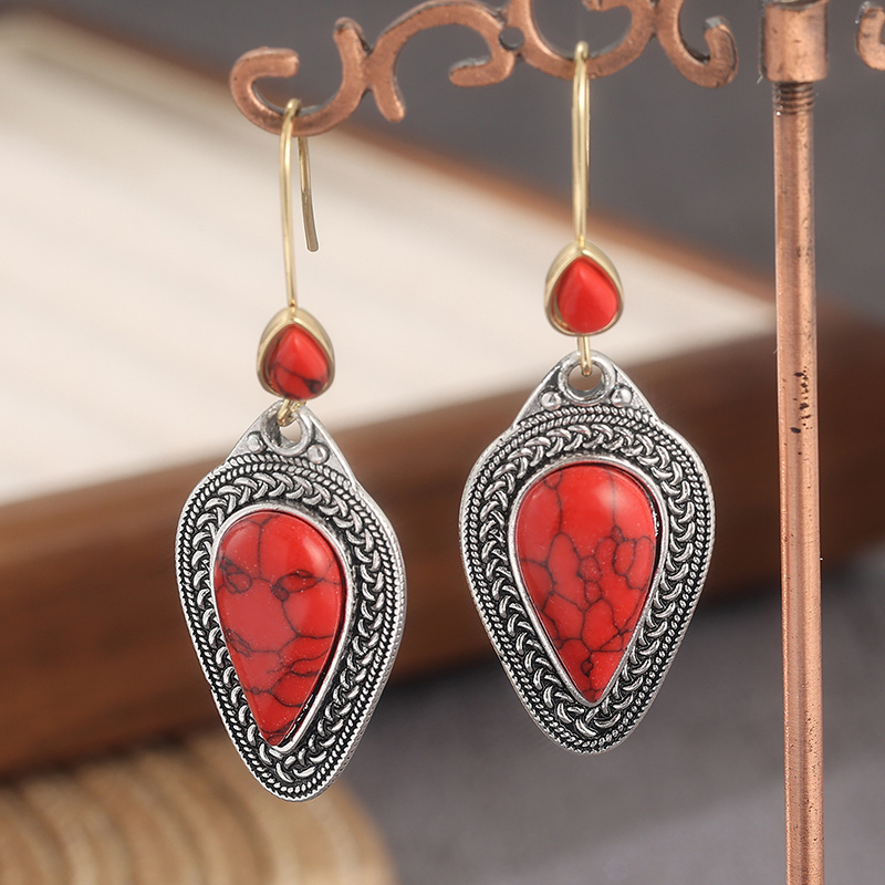 Women's Bohemian Red Synthetic Turquoise Droplet Pendant Earrings