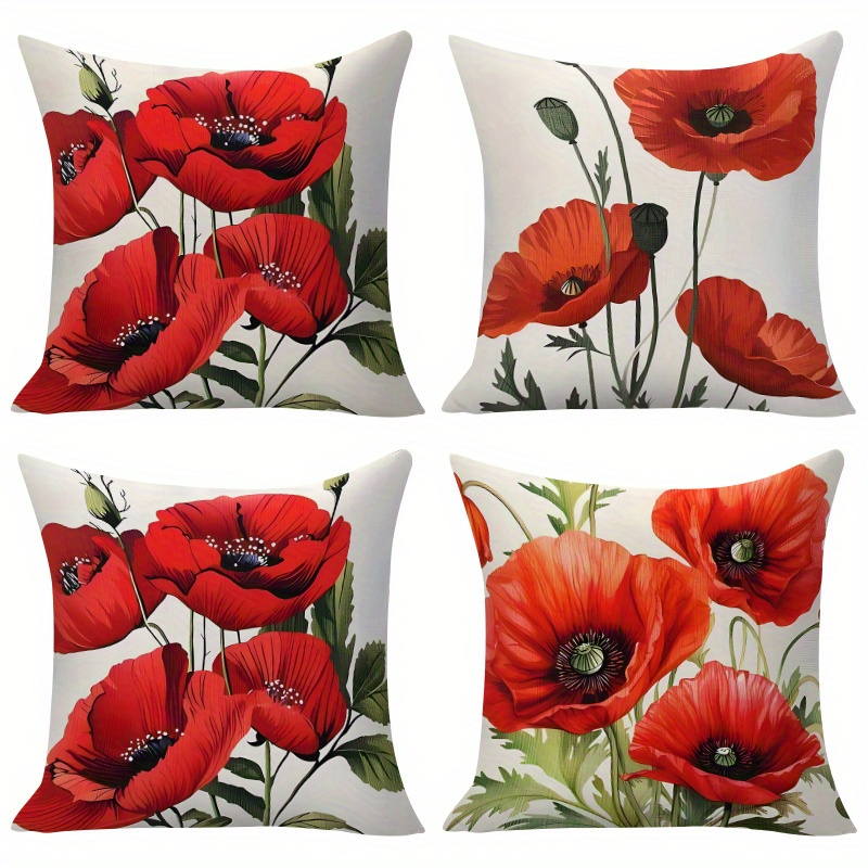 TEMU 4pcs Set, Floral Pillowcases, Green Branches And Leaves With Vibrant Red Poppy , Square Sofa Chair Cushion Covers, Single-sided Print, Suitable
