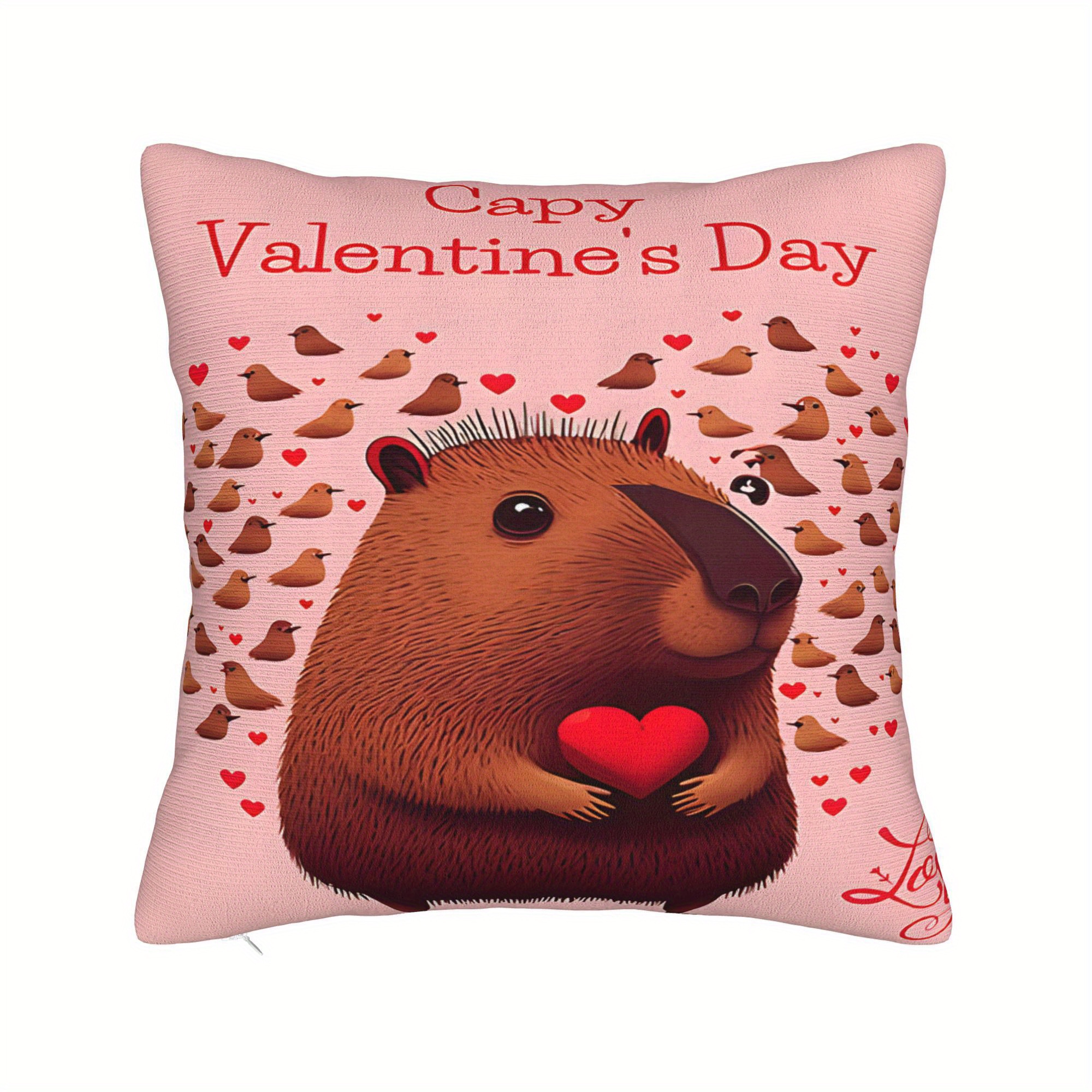 

1pc Capybara Valentine's Day Decorative Pillow Cover - Soft, Machine Washable, Zipper Closure, Polyester, Pink With And Brown Cupid Accents, Cute Pillows