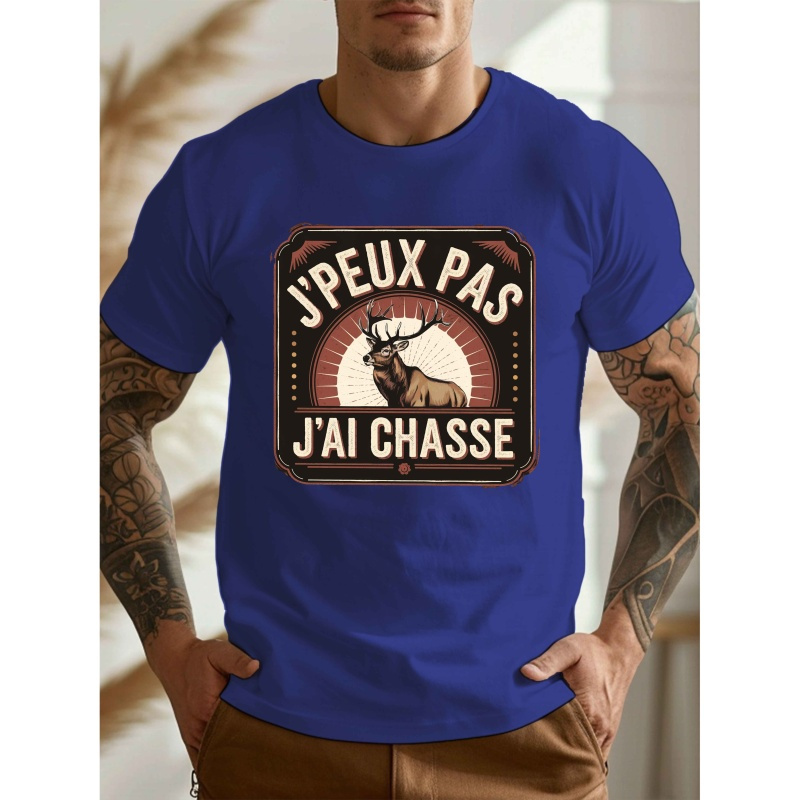 

T-Shirt Décontracté pour Homme avec Imprimé Soleil 'JE NE PAS, JE CHASSE' - Haut Confortable Léger à Col Rond et Manches Courtes pour l'Été, Polyester, Style Loisirs, Version Conventionnelle, Été