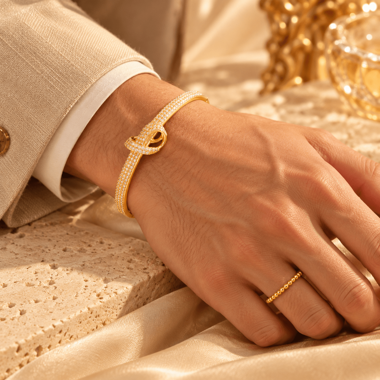 Unisex 2pc 18K Gold Plated Bracelet & Ring Set, Exquisite Design
