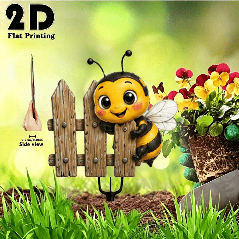 TEMU 2d Flat - 【2d Flat】 2d Flat - [2d Flat] 1pc Acrylic 2d Flat Printing Garden Decor Ground Plug, Cute Cartoon Bee And Rustic Fence Design,