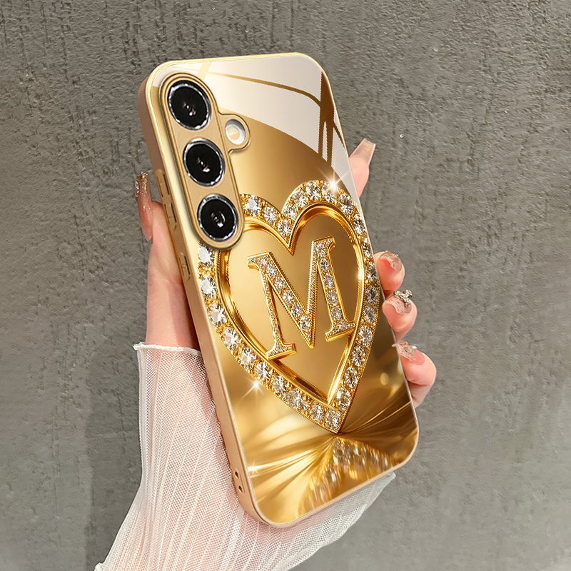 TEMU Phone Case - Shiny Love Heart Letter M Pattern Glass Phone Case Suitable For Galaxy