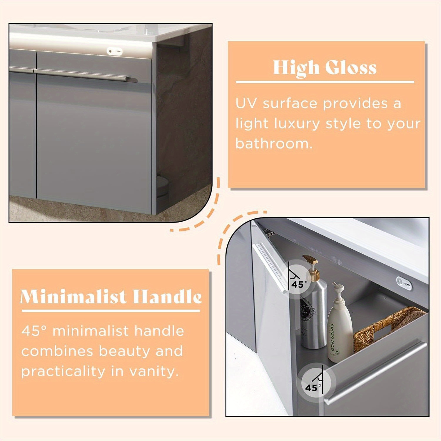 led floating bathroom double vanity with sink combo modern high gloss wall mounted bathroom storage cabinet with 3 hole sink metal handles soft closing doors Product details 4