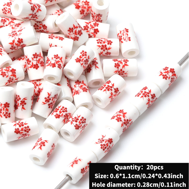Cute Ceramic Decal Cylindrical Beads, 20pcs Set for DIY
