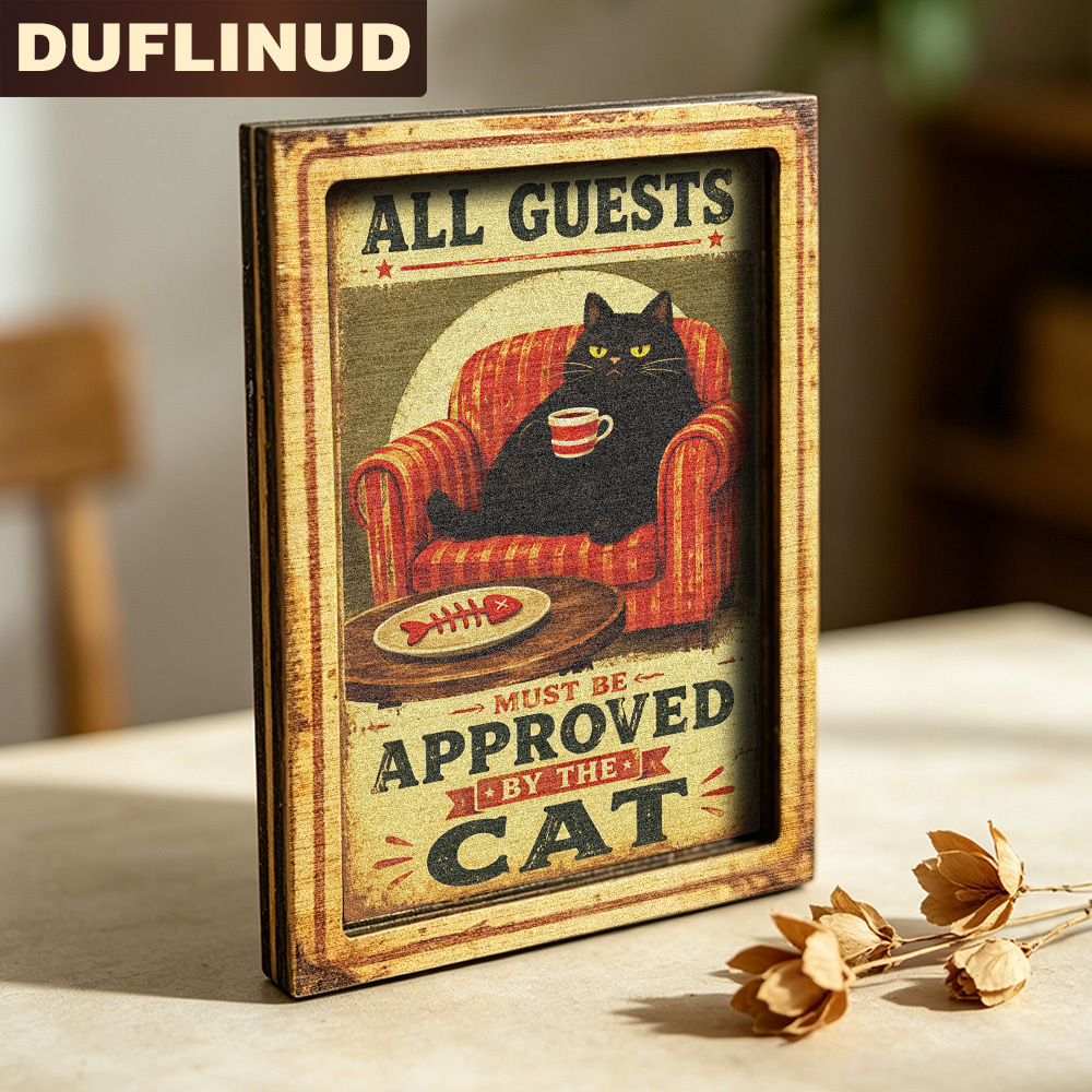 TEMU Vintage-style Black Cat Refrigerator Magnet, Mini Decorative Plaque - Illustration Of A Black Cat Sitting On A Sofa Drinking Tea, With A Fun