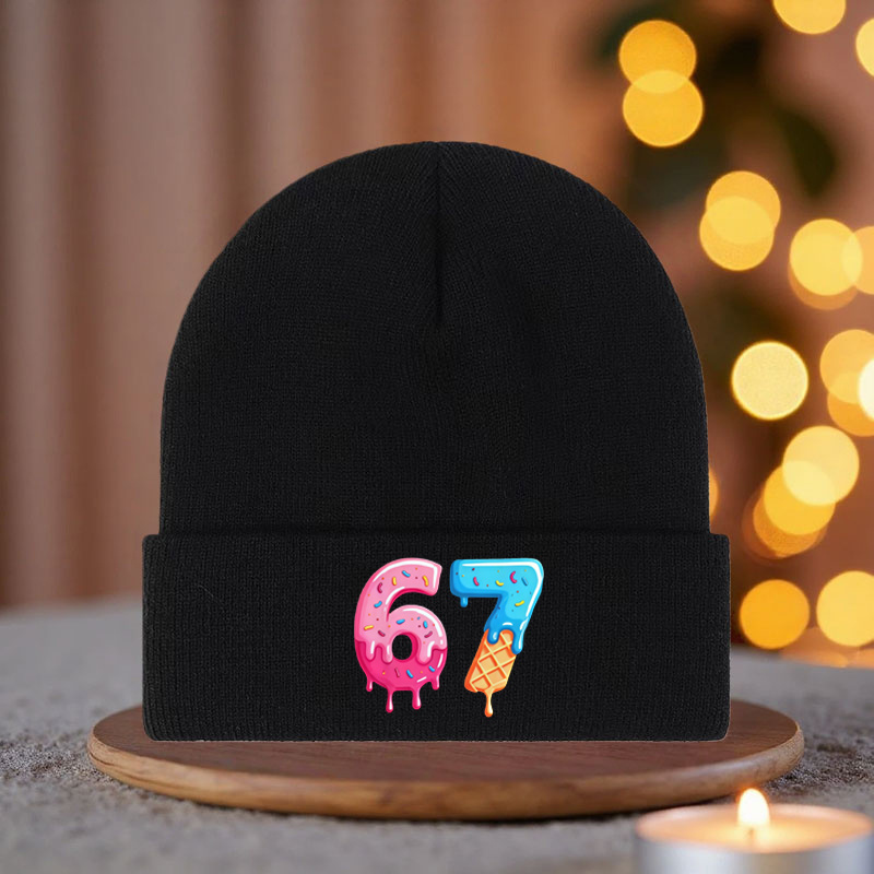 TEMU Bonnet tricoté à imprimé graphique 67 Ice Cream Drip Stem, Bonnet d'automne/hiver, Bonnet de ski d'hiver confortable et léger pour hommes et