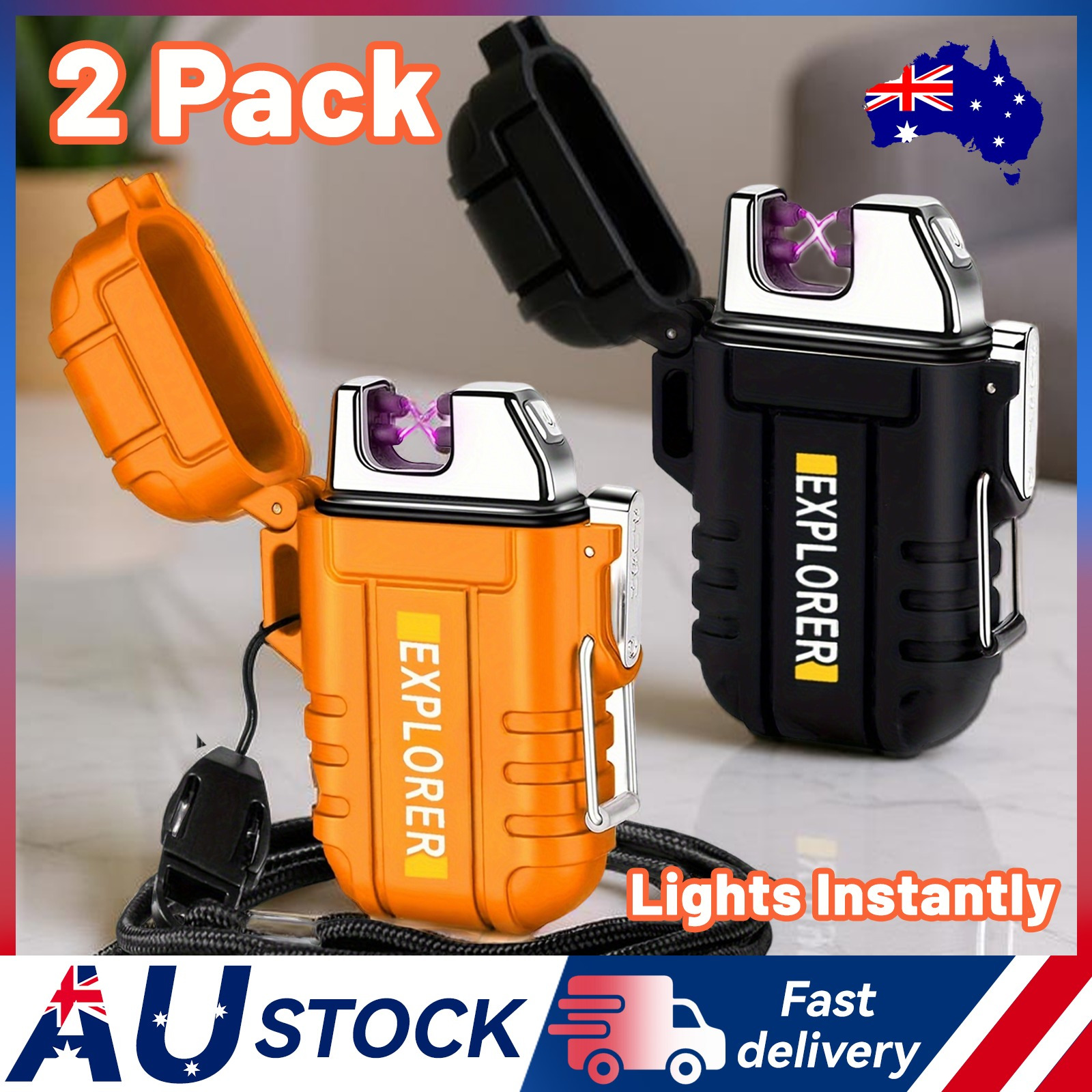 TEMU Electric Plasma Lighter, Windproof Dual (2-pack) Flameless Usb Lighter, For Camping Edc Survival Tactical In Gift Box (orange Black), Emergency
