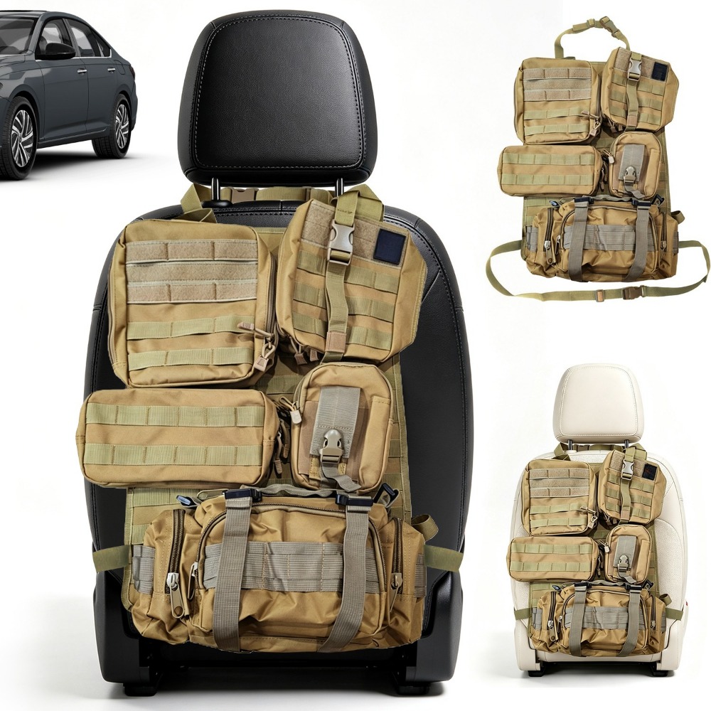 Image of 55x37cm Khaki Car Backseat Storage Bag With 5 Pockets And Adjustable Straps, Multipurpose Seat Back Organizer Compatible With Most Suvs And Off-road Vehicles