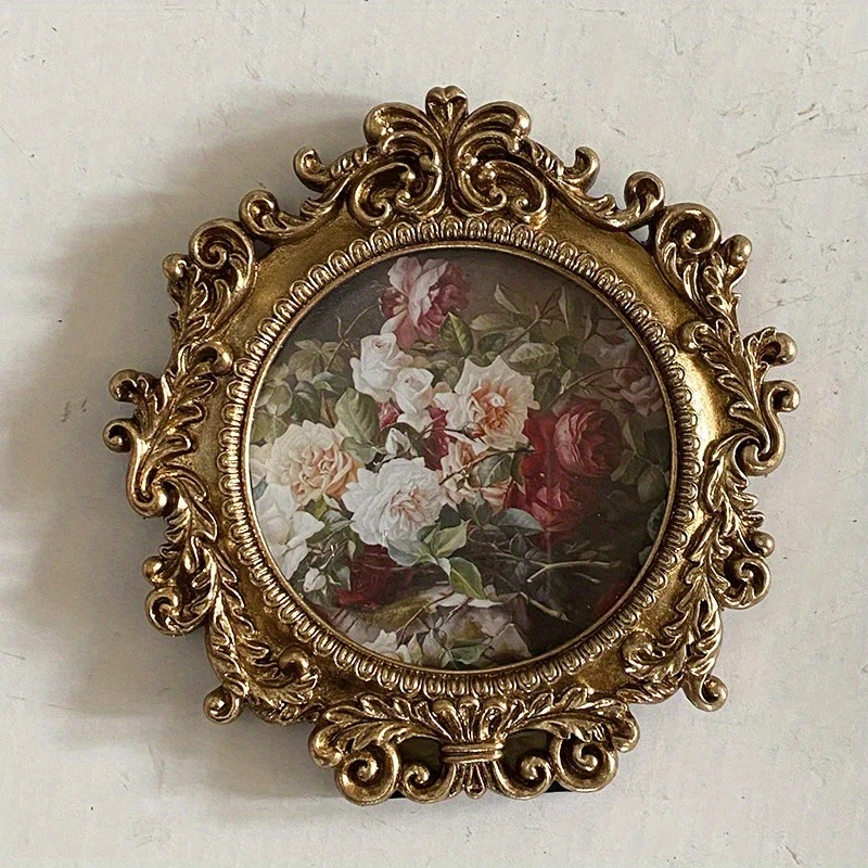 vintage resin artwork circular picture frame for tabletop or wall display featuring floral relief design for showcasing photographs and   additions