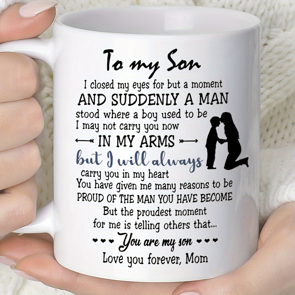 TEMU 1pc 1pcs White Ceramic Mug With "to My Son" Love Mom Quote Print - Reusable Coffee Cup Suitable For Hot/cold Drinks, Durable Hand Wash Only Cup