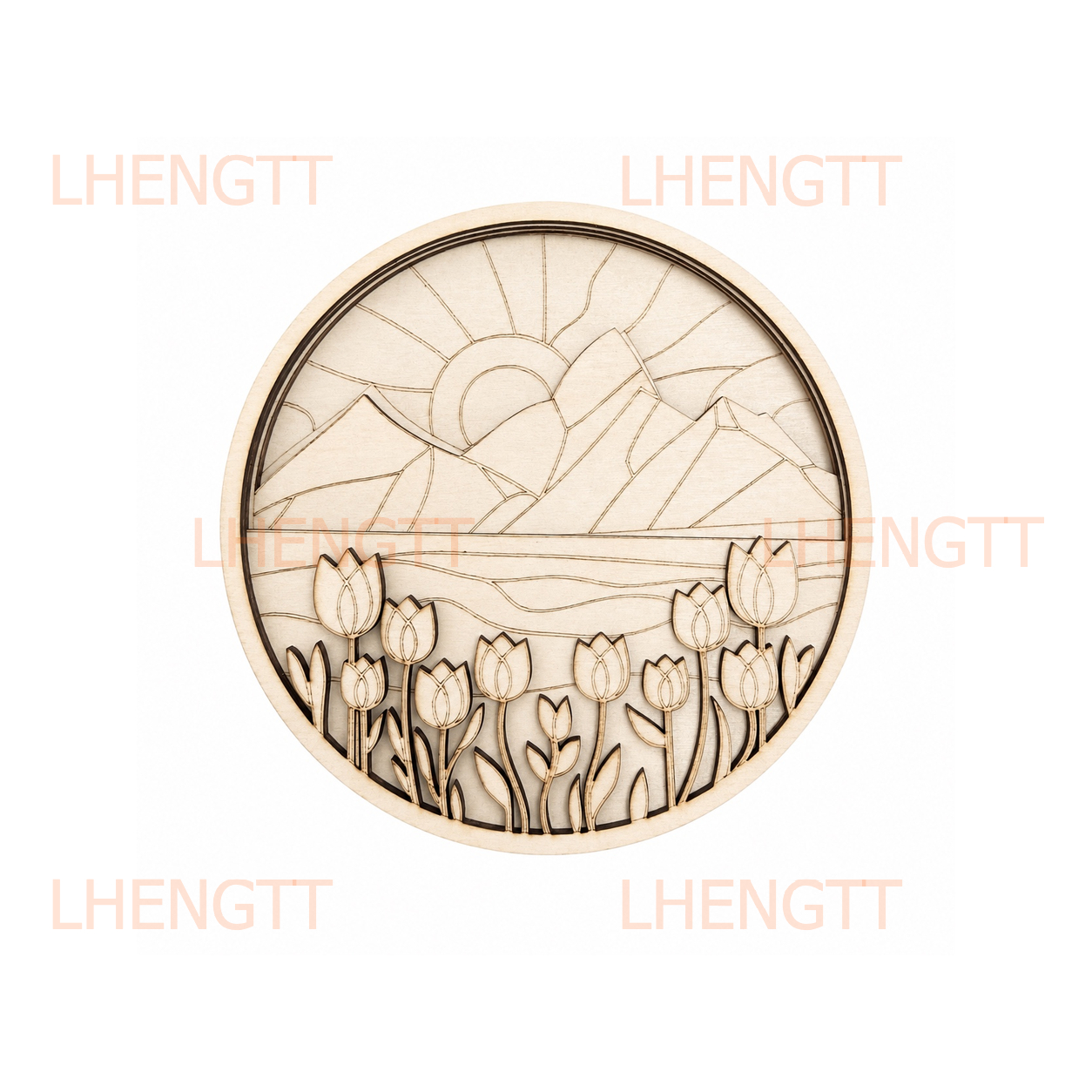 TEMU 2d Flat Four-layer Tulip Wooden Painting, Layered Wood Art Decoration, Paintable Circular Natural Scene Wall Art, Laser-cut Wooden Artwork,