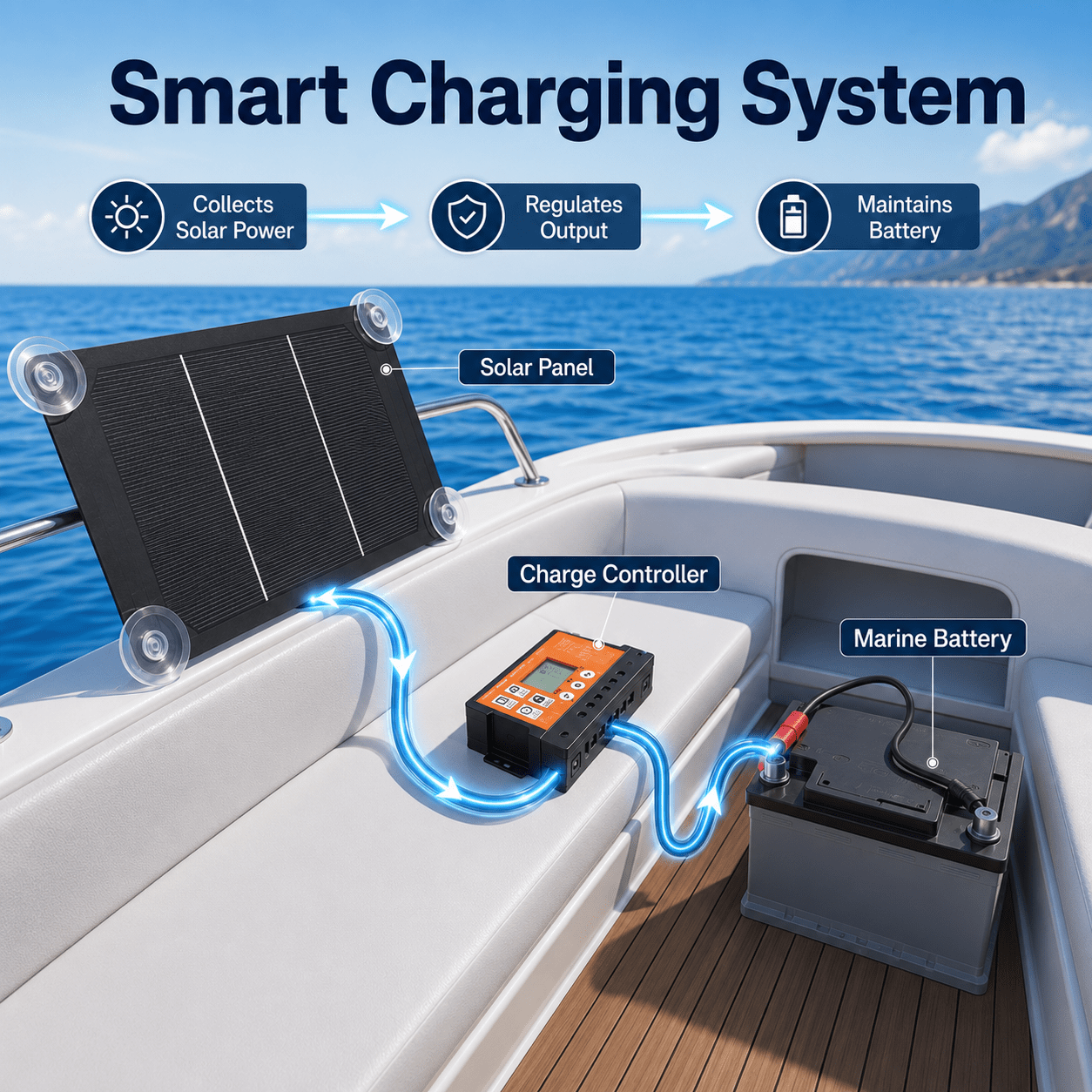 TEMU Marine Solar Charging Kit For Yacht Fishing For Boat Rv Camping, 18v Portable Solar Panel With Controller Battery Clips Extension Cable For Boat