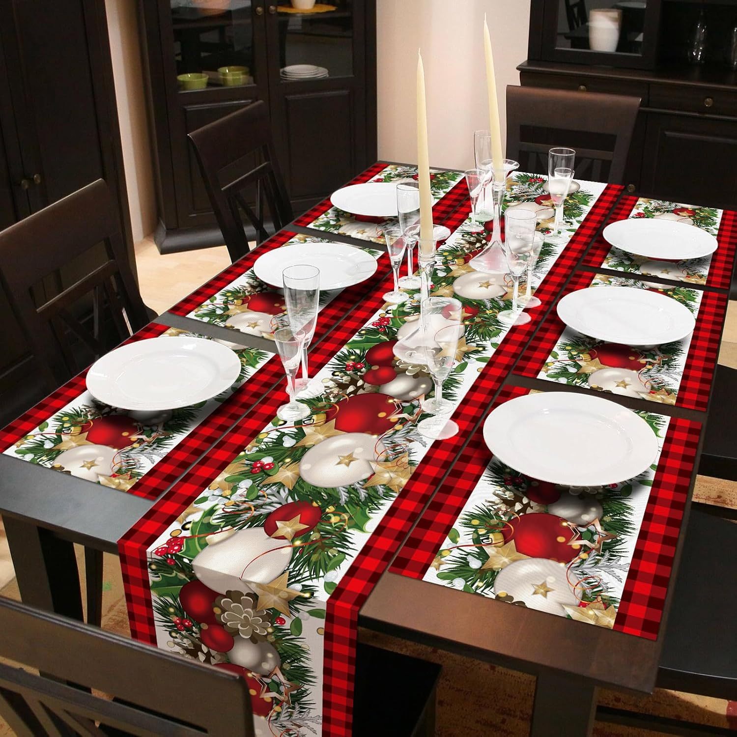 TEMU 7pcs 11.8*17.72inch Placemats 6pcs + 13*72inch Table Runner 1pc, Christmas Table Runner And Placemat Table Runner Poinsettia Table Mat Table