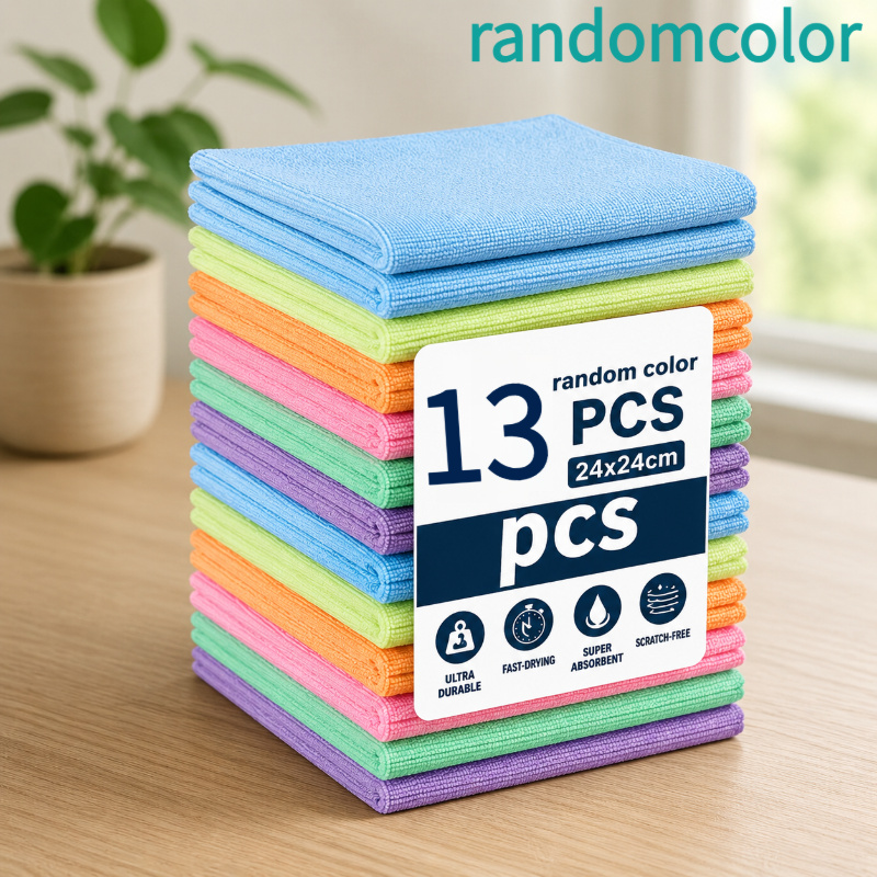 TEMU 13pcs Of Random-color Cleaning Cloths, Reusable, Absorbent, In A Of Random Colors, Durable And Quick-drying, Suitable For Kitchen, Patio, And