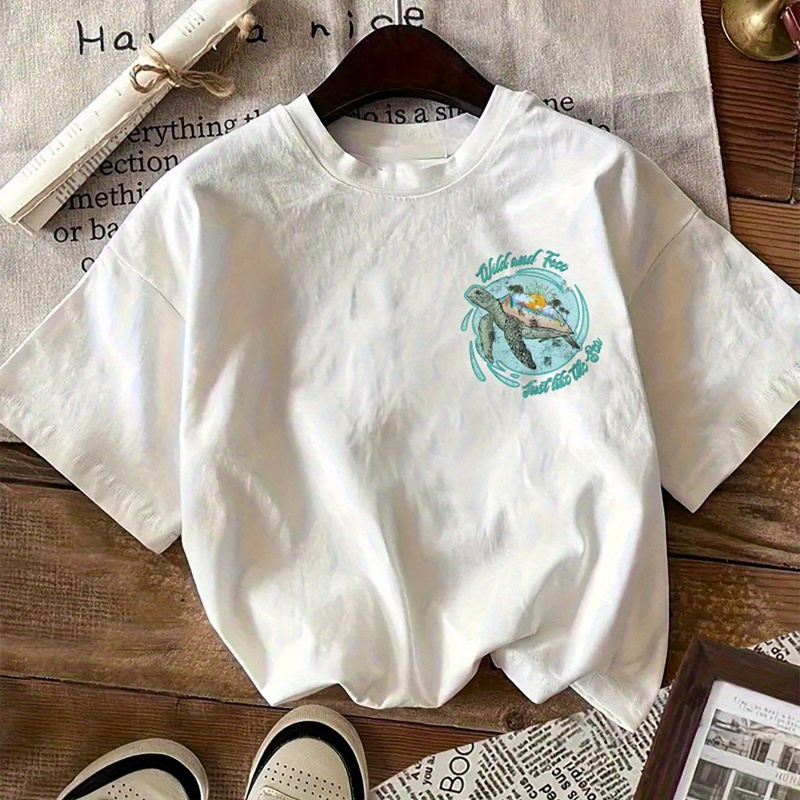 [100% Cotton Tee] 100% Cotton Girls' Short-Sleeve T-Shirt | Vibrant Geometric Print Loose Fit Casual Summer Top | Breathable Round Neck Tee for Teens, Machine Washable, Tropical Theme Shirt, Soft Fabric