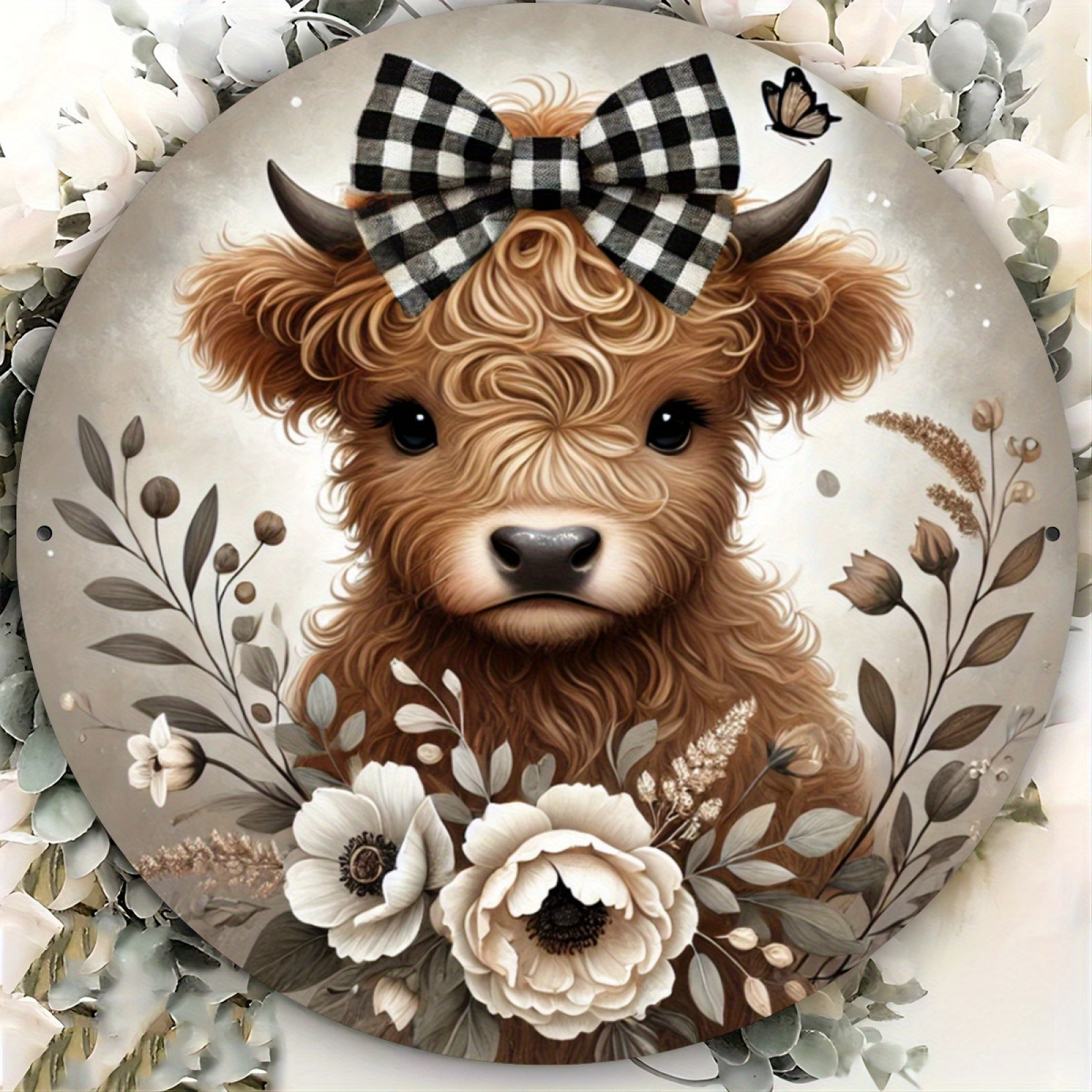 TEMU 1pc 7.87x7.87inch Aluminum Flat Print Highland Cow With Bow Wreath Sign - Round Decoration, Suitable For Home, Kitchen, Garden, Office, Etc. - For Christmas, Halloween And Room