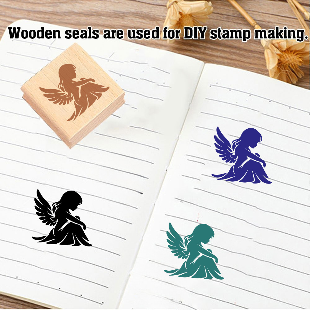 Delicate Melancholy Angel Square Wooden Rubber Stamp