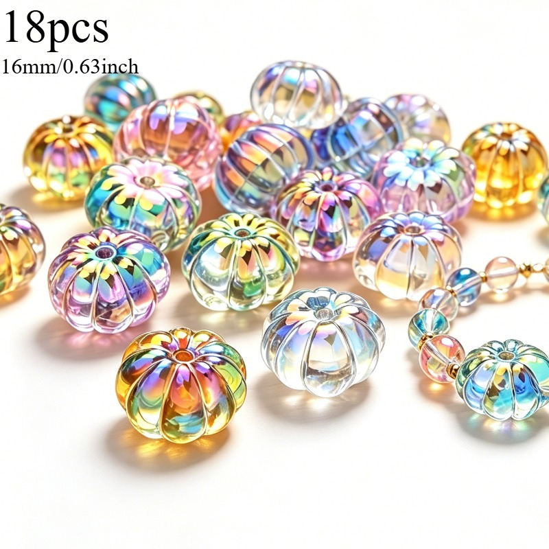 TEMU 18pcs Super Large 16mm Transparent Rainbow Glossy Acrylic Pumpkin Beads - Rainbow-colored - Smooth Spherical Capsule Base And Glossy Lid, For