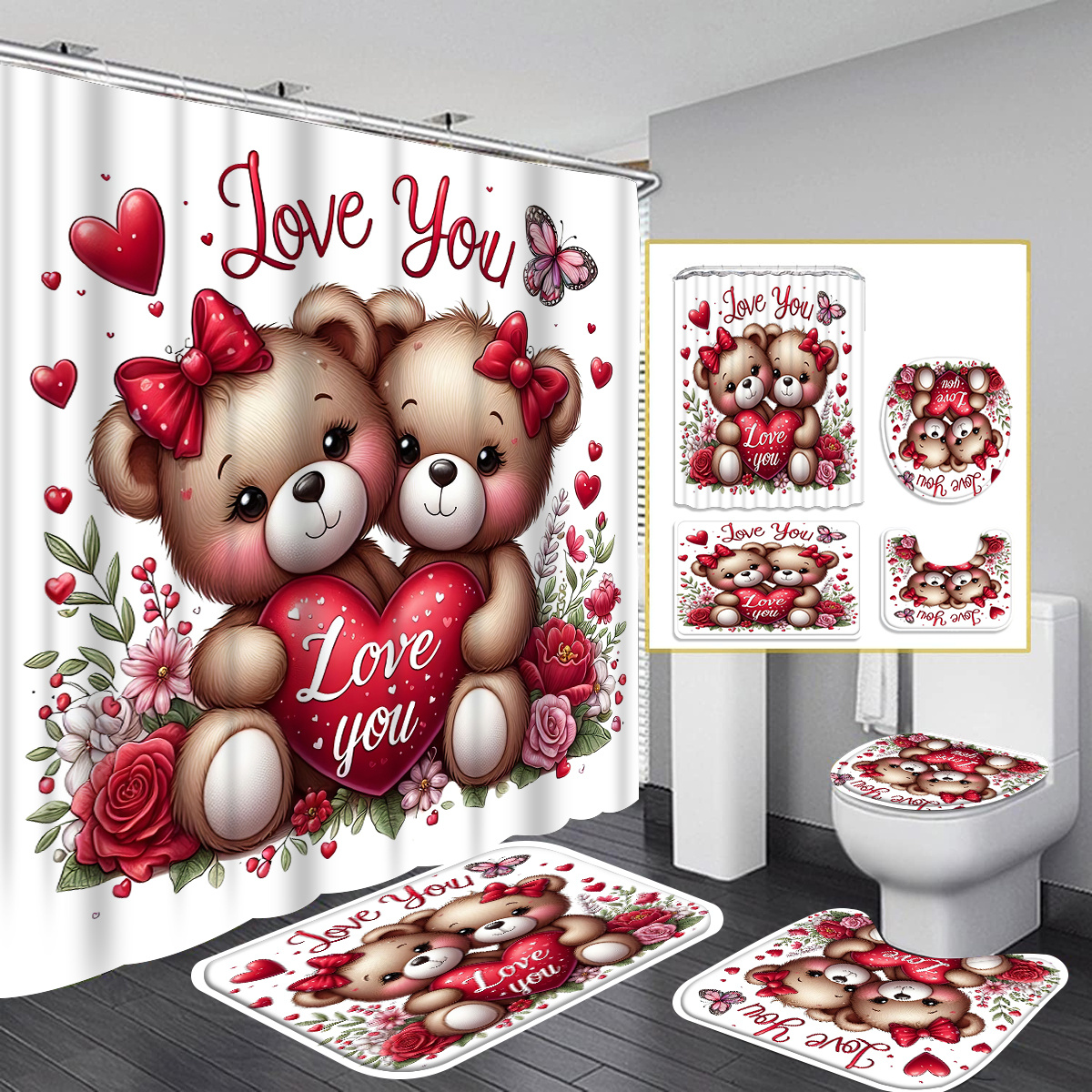 

1pc/4pcs Valentine's Day Teddy Bear Shower Curtain Set, Waterproof Polyester Bath Curtain With 12 Hooks, Non-slip Bath Mat, Toilet Lid Cover, Washable, Woven, , Christmas & Universal Holiday Decor