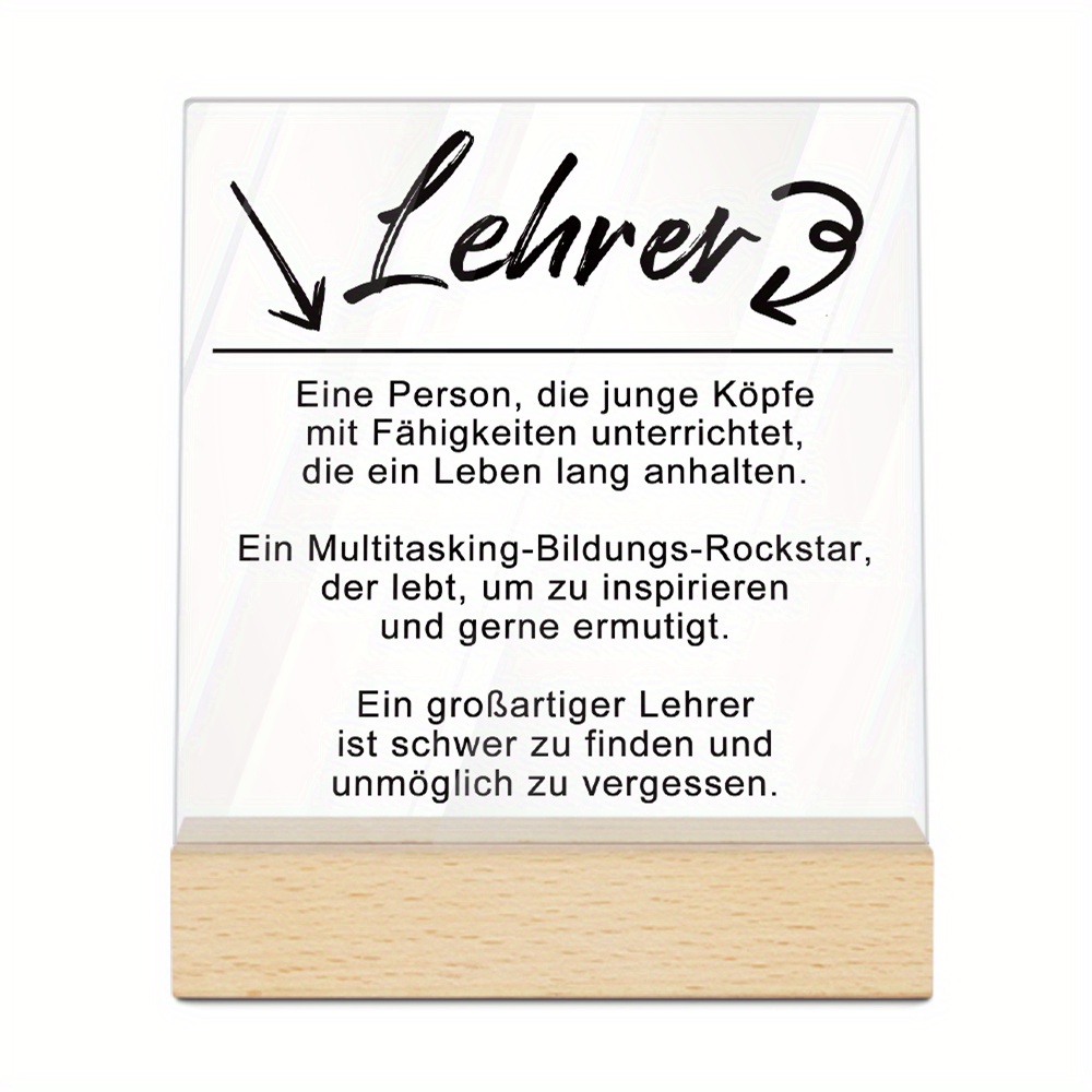 E-shop 2D Flach, 1 Stück PUTUO DECOR Deutsches Acrylschild mit Holzsockel – Zeitgenössische 2D Flache Inspirationsdeko für Lehrer, Motivierende
