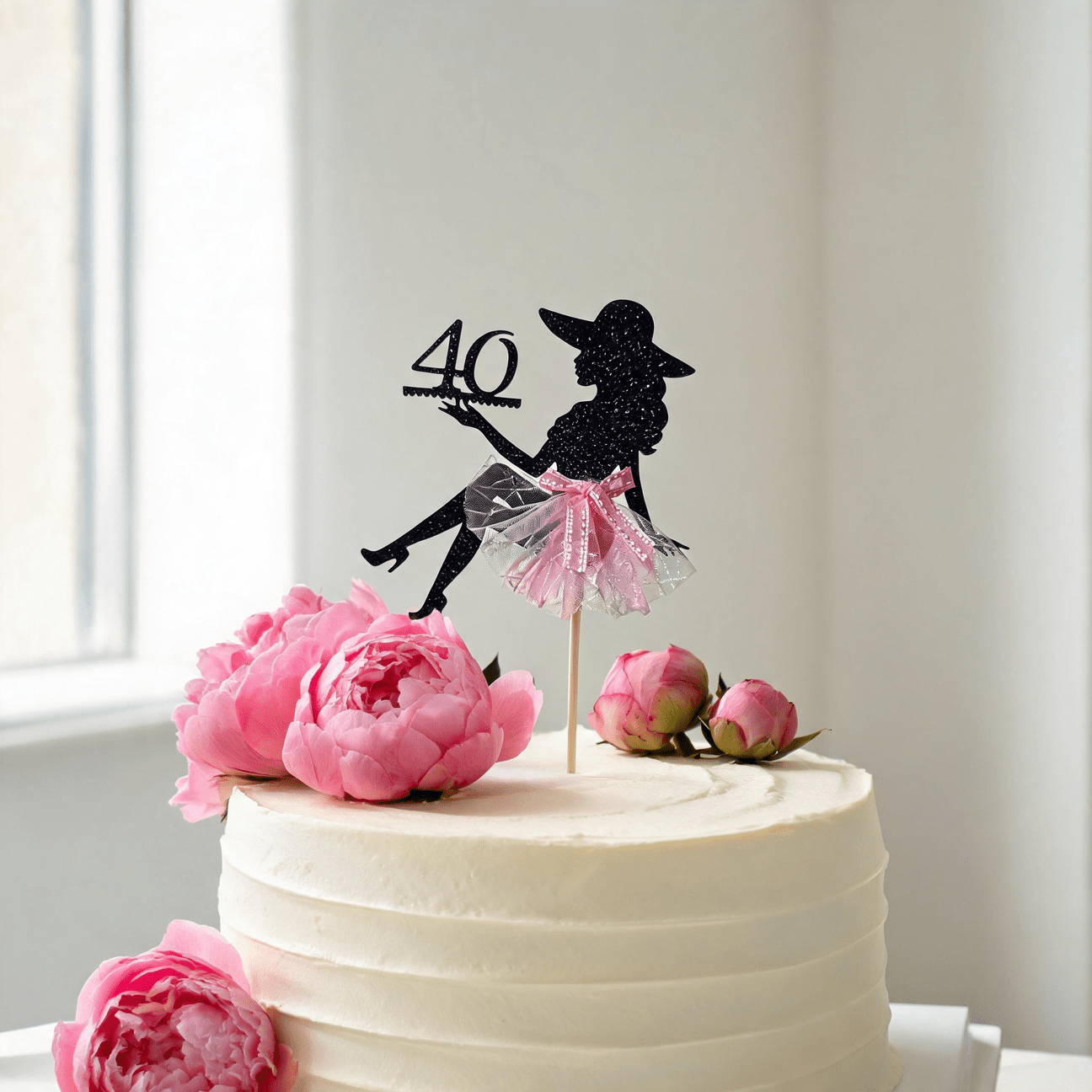 TEMU 1 décoration de gâteau 40e anniversaire femme noire pailletée avec robe rose, silhouette de femme, gâteau , insert de gâteau pailleté noir pour