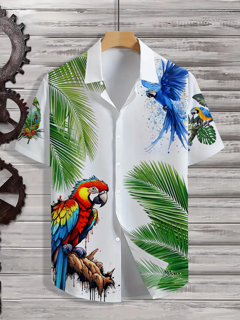 Men'S Hawaiian Shirt - Tropical Palm Tree & Parrot Print Button-Up Collar Short Sleeve Shirt, Loose Fit Beach Vacation Shirt for Surfing, Pool, Casual Outings - Lightweight Summer Clothing, Beach Clothes, Poolside Attire, Breathable Fabric