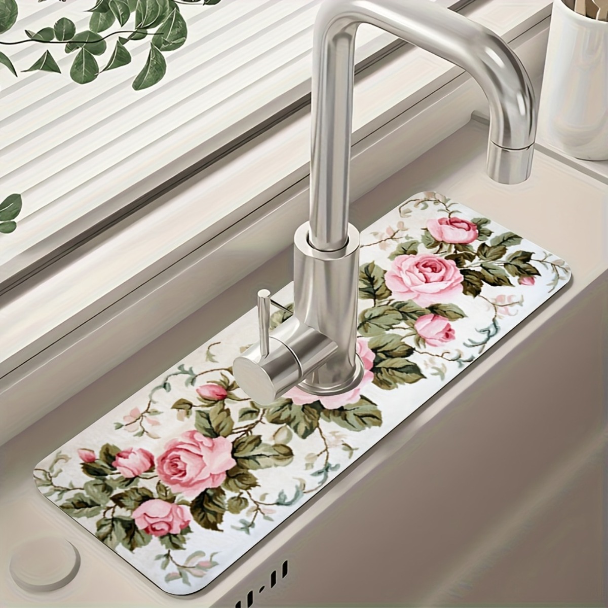 TEMU 2d 1pc Rose Pattern Dish Drying Mat, Creative Faucet Mat, Diatomite Faucet Suction Cup, Durable Polyester Material, Suitable For Kitchen And ,