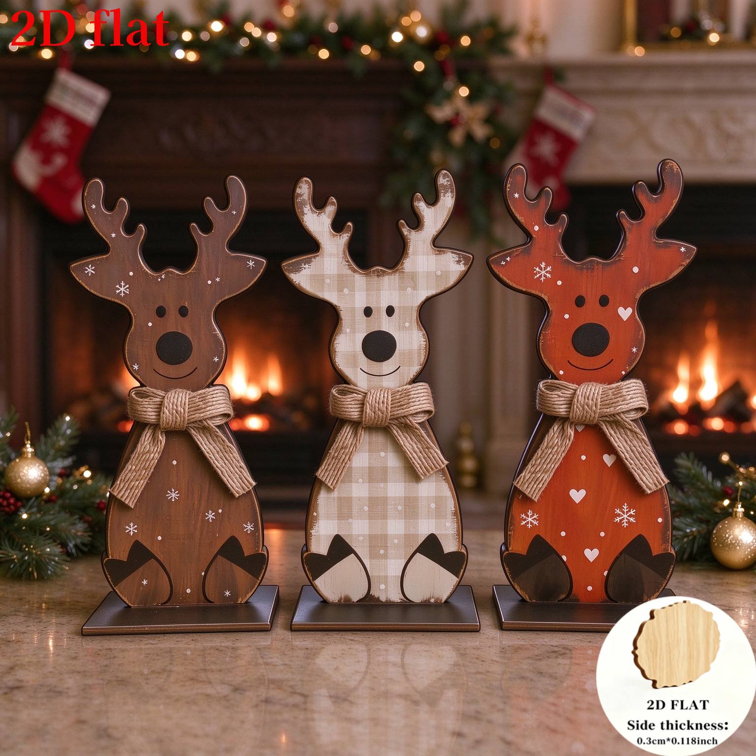 TEMU 2d Flat, 3pcs Christmas Reindeer Desktop Ornaments, Featuring An Vintage Vibe. On Dining Tables, Windowsills, Mantels, Entryway Cabinets, Study