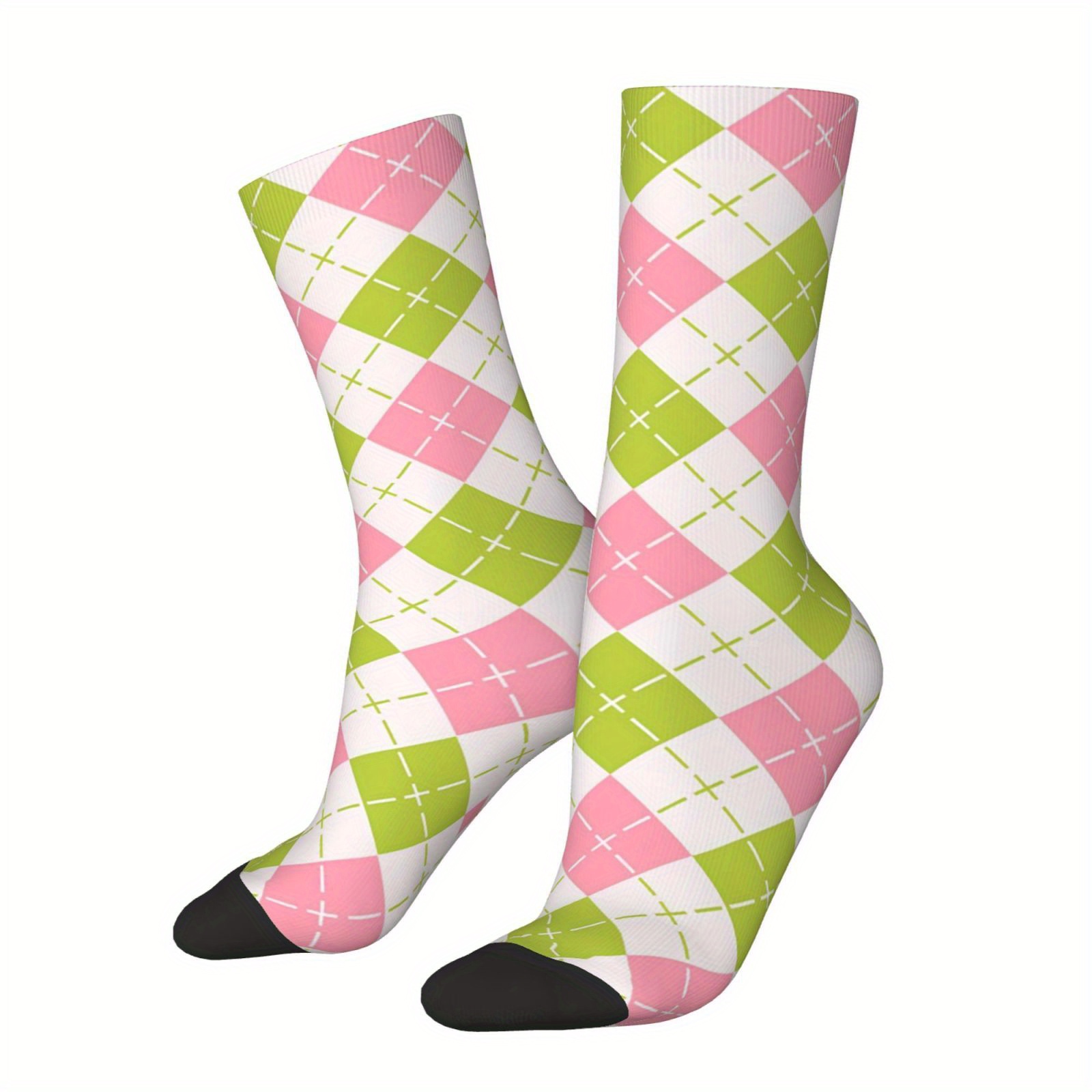 TEMU A Pair Of Unisex Outdoor Socks Featuring A Pink And Check Pattern, Mid-calf Length, Machine Washable, Suitable For Autumn And Winter, Ideal For
