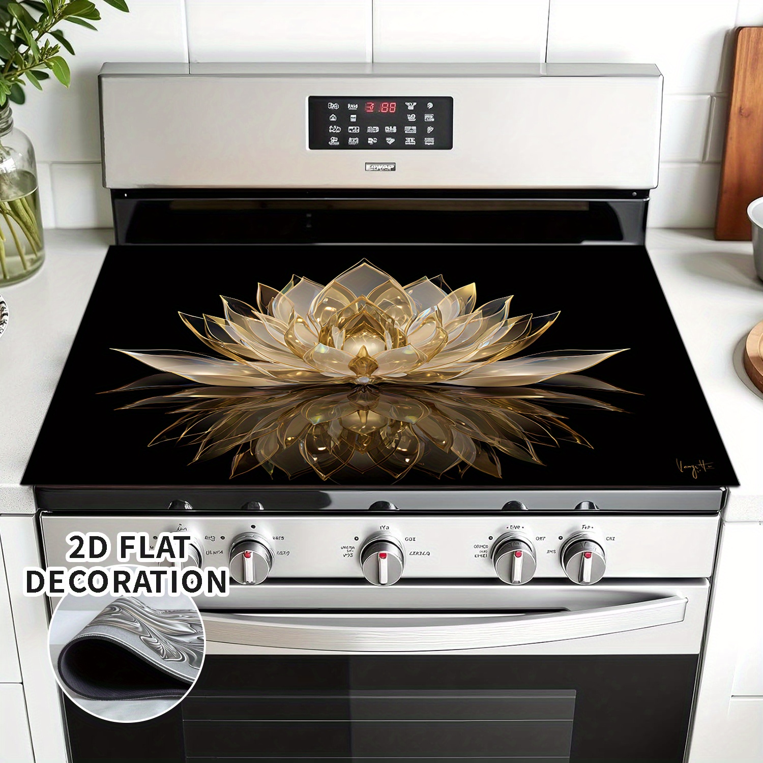 TEMU 2d Flat Decorative Stove Top Cover In Golden With A Lotus Design, . This Stove Top Cover Is Ideal For Electric Stove Kitchens, Enhancing Style