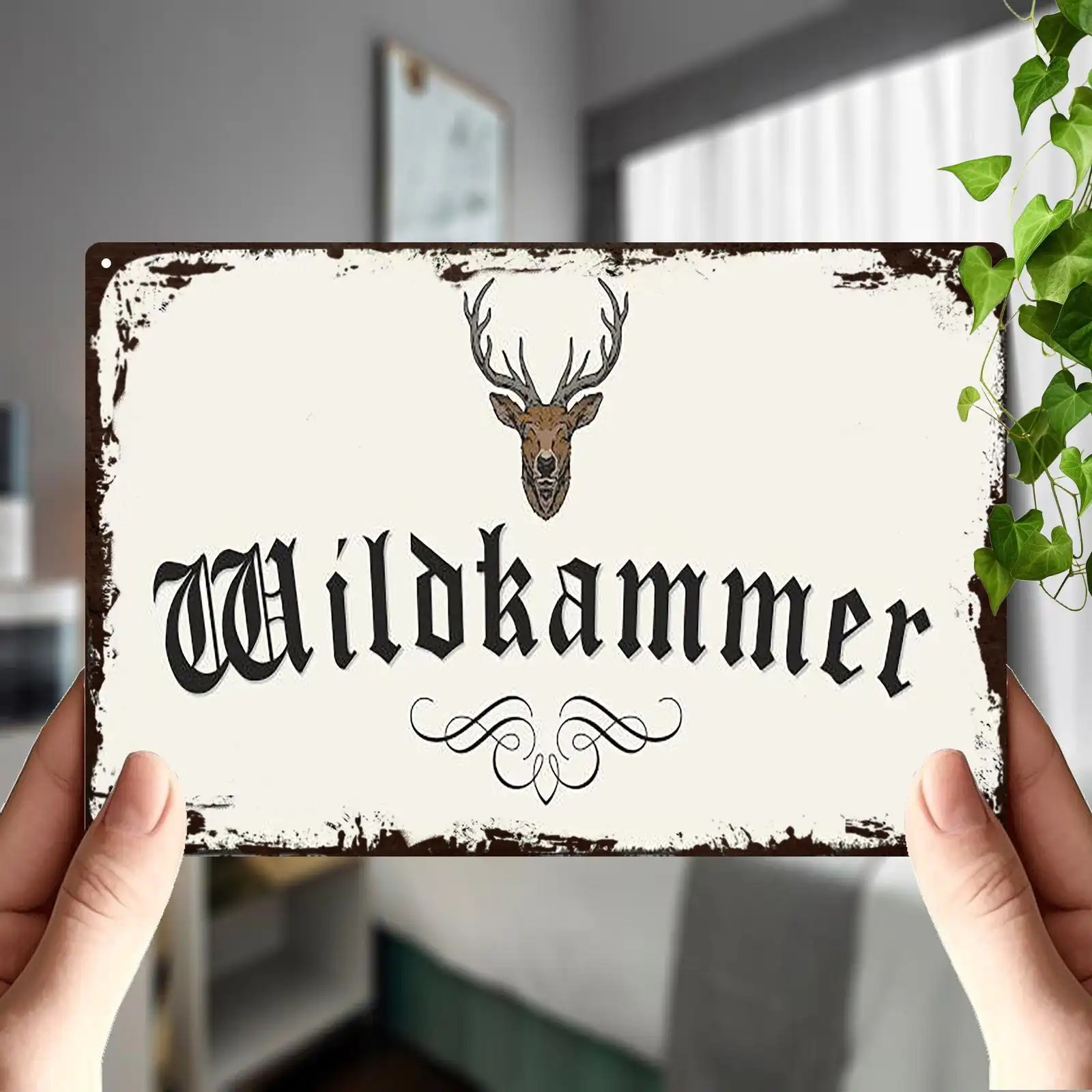 E-shop 2D Flat - 2D Ebene - Ein Vintage-Deutsches 'Wildkammer' Schrift & Hirsch Kopf Metall Wand Schild | Vintage 8X12 Zoll, Hergestellt aus Eisen,
