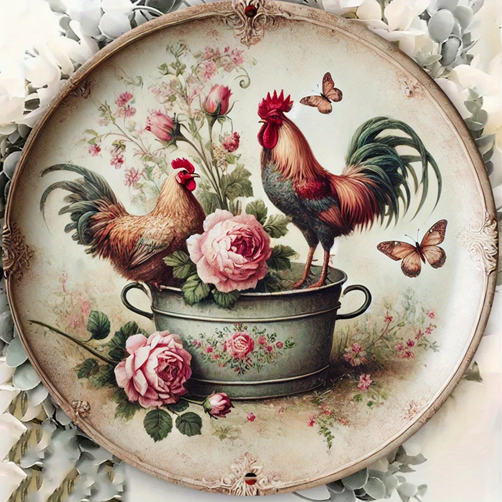 

Vintage Rooster And Floral Decorative Plate - 8x8 Inch Round Aluminum Wall Sign, And With , Home, Club, Cafe Decor, Home Wall Decor| Design|intricate , Room Decor