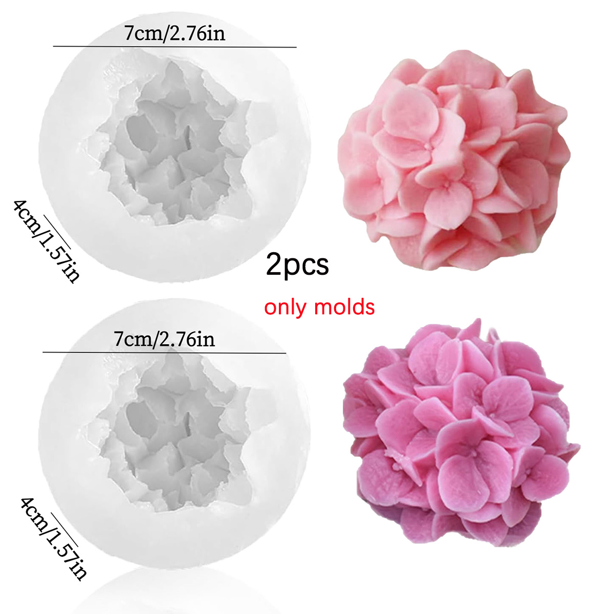 2pcs 3d Hydrangea Flower Silicone Molds - Diy Candle, Soap, Resin& Clay Craft Moulds For Handmade Gifts, Aromatherapy& Festival Decor