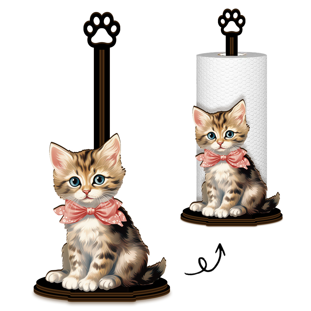 Image of 2d Flat, This Wooden Kitchen Paper Towel Holder Features A Cute Kitten , Suitable As A Toilet Paper Rack For The Bathroom, Or As Decoration For Afternoon Tea Or Garden Parties, , Living Room