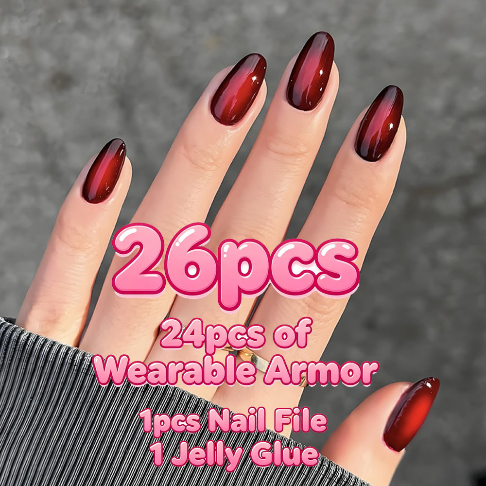 TEMU 26pcs (24pcs Of Wearable Armor +1pc Nail File +1pc Jelly Glue) Shaped Red Shiny Fake Nails, Waterproof And Removable Fake Nails, Suitable For