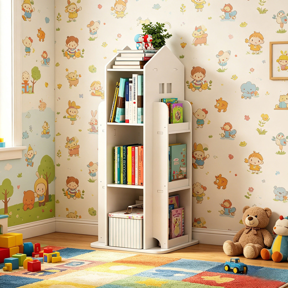 4-Tier Rotating Bookshelf, 360° Display Book Shelf, Floor Standing Bookcase, Children's Bookshelves for Bedroom, Living Room, Study Room ( WHITE Color)