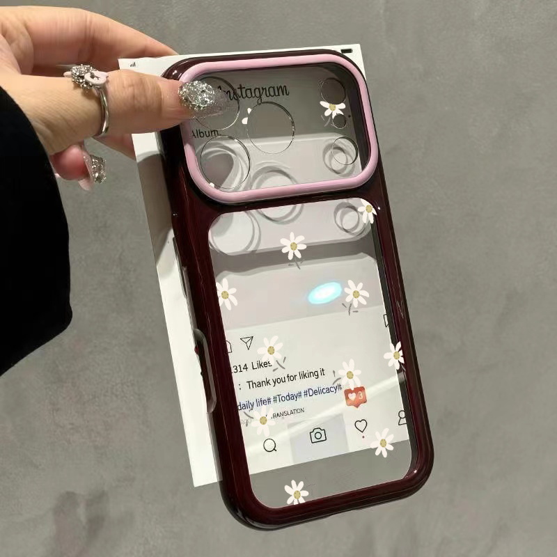 TEMU Phone Case - White Background Small Daisies Easy Design Burgundy Wine Red Large Window Phone Case For Iphone 18 17 Pro 17 18 Pro Max Advanced