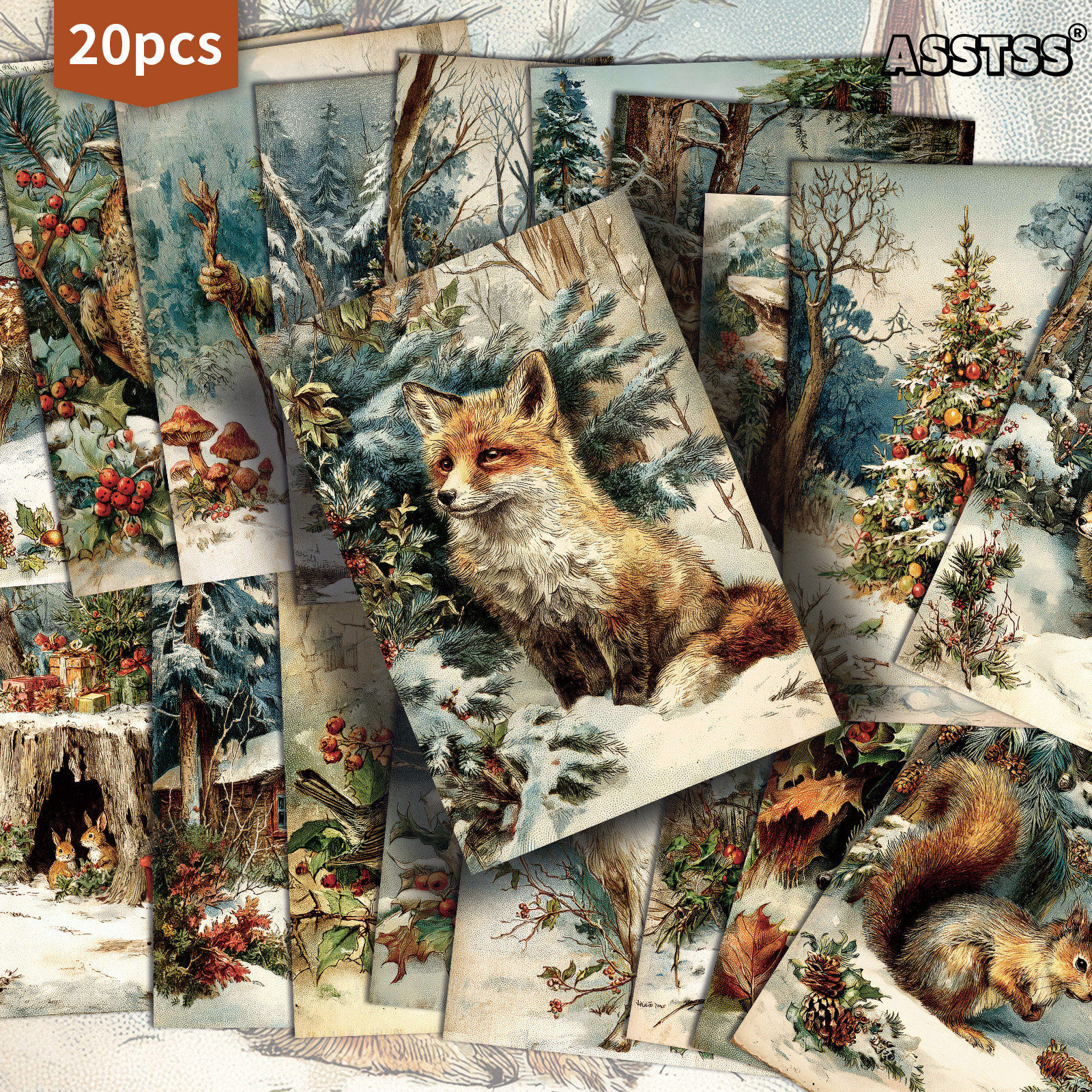 TEMU Set Of 20 Assorted Vintage Christmas Forest Animal Gift Cards - 4x6 Inches Retro Junk Journal Paper Featuring Classic Pinup Illustrations,