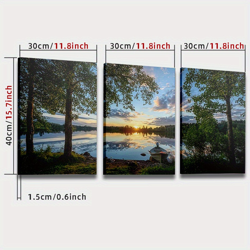 TEMU [lake Scenery, Framed Canvas Paintings] 3pcs Framed Canvas Paintings - Lake Scenery Sunset Forest Wall Art - High Definition Prints, Holiday