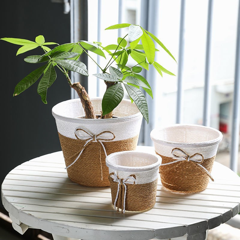 

Bohemian Striped Paper Rope Planter, Waterproof Indoor Decorative With Drainage Hole For Succulents And Greenery