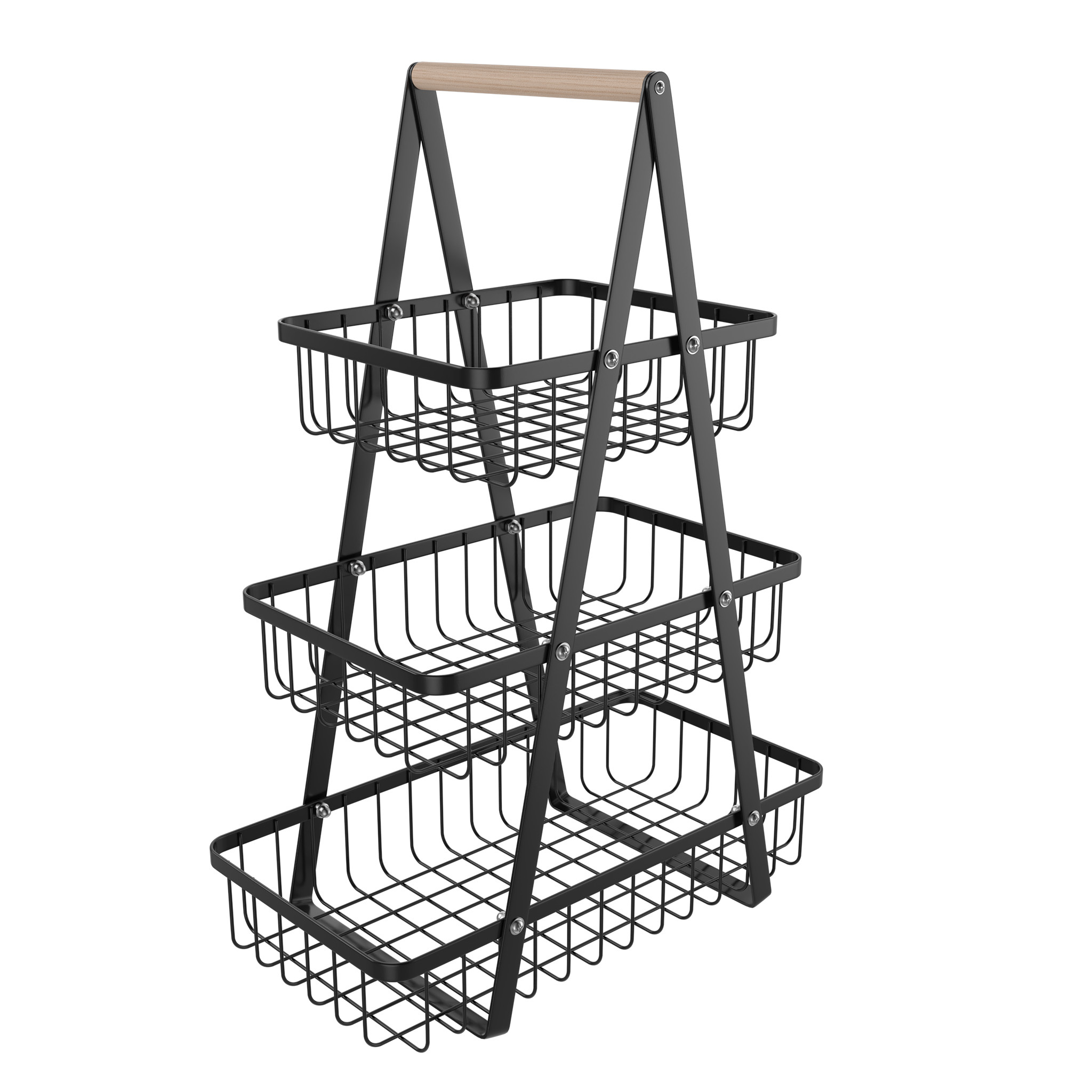 E-shop Schwarzer Metall-Aufbewahrungskorb mit Holzgriffen in 2- oder 3-Etagen - Stilvoller und Funktioneller Organizer für Obst, Gemüse, Brot und