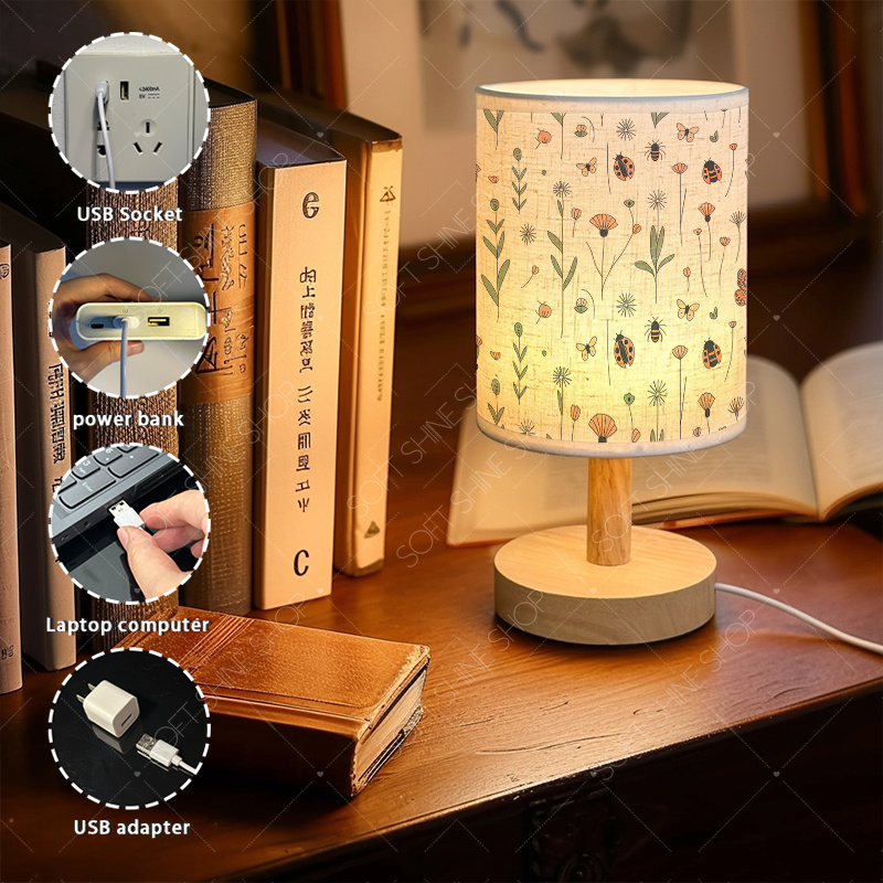 USB-Powered Print Table Lamp with Fabric Shade